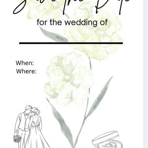 Könnte beinhalten: Eine weiße Hochzeitseinladung mit dem Text "Save the Date" in eleganter Schrift. Das Design umfasst Aquarell-Blumenakzente, eine Zeile für die Hochzeitsdetails und Illustrationen eines Paares und von Ringen.
