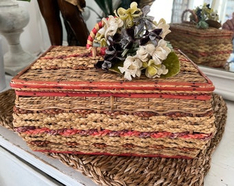 Vintage Sewing Basket Seagrass Red Basket