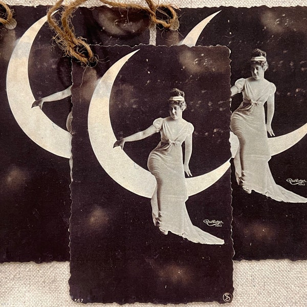 Vintage Halloween Gift Tags Witch Moon French Opera Costume French Sepia Real Photo RPPC Postcard Antique Image (6pcs)