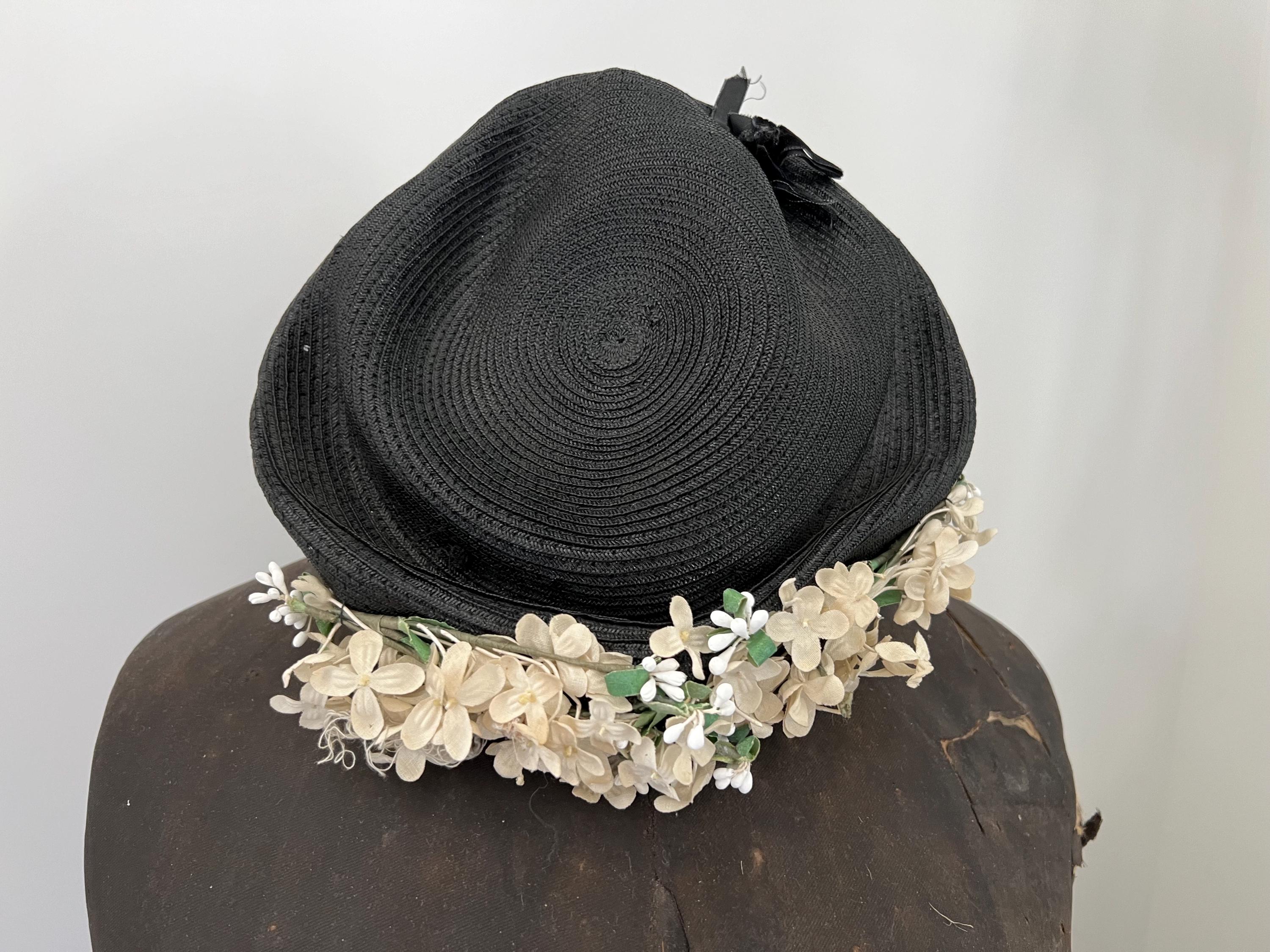 Vintage Hat Fascinator Hat Black Straw With Flowers  display picture 1