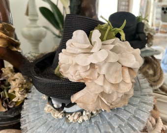 Vintage Straw Hat Millinery Flower Fascinator Black Straw Beige Flower