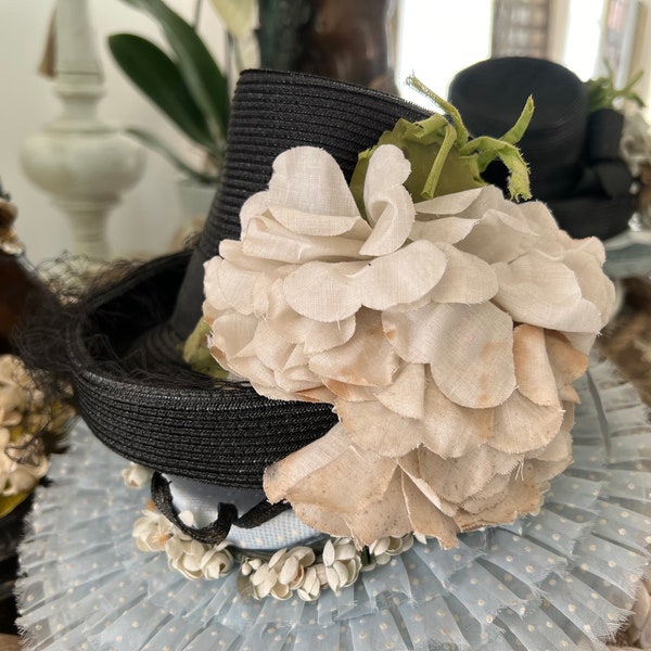 Vintage Straw Hat Millinery Flower Fascinator Black Straw Beige Flower