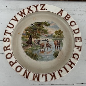 May include: A round ceramic bowl with a cream-colored base featuring a brown alphabet border from A to Z. The center displays a colorful pastoral scene of three cows standing in a shallow river surrounded by green trees and a soft sky.