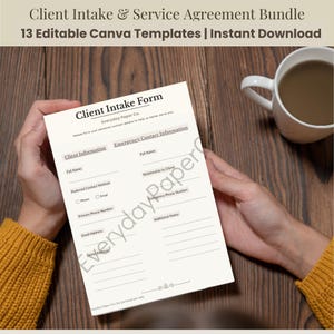 May include: A white paper client intake form with black text featuring sections for client information and emergency contact details, including fields for full name, contact methods, phone numbers, email address, and home address, with a decorative footer.