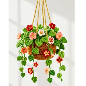 May include: A crocheted hanging plant in a brown basket with yellow yarn cords. The plant features vibrant green leaves and small flowers in shades of red, light pink, and white, with trailing vines extending downwards from the central basket.