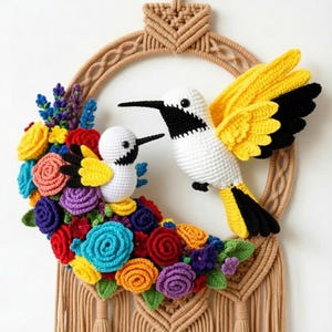 Crochet Hummingbird Macrame Wall Hanging | Boho Floral Wreath Art