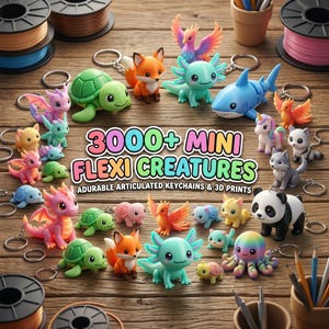 May include: A collection of small, articulated 3D-printed animal keychains including turtles, foxes, axolotls, dragons, sharks, and a panda. The text 3000+ MINI FLEXI CREATURES ADURABLE ARTICULATED KEYCHAINS & 3D PRINTS is displayed in the center.