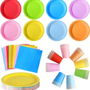 May include: A party supply set featuring eight round plates in red, lime green, blue, purple, pink, yellow, light blue, and orange. Includes a stack of square napkins in various colours, a stack of yellow plates, and eight paper cups in assorted colours.