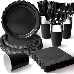 May include: A party supply set featuring black scalloped-edge paper plates, black paper cups with white interiors, black plastic forks, spoons, and knives, and a stack of square black paper napkins with scalloped edges, all arranged in a group.
