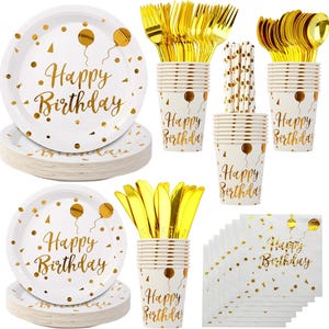 200PCS Birthday Decorations, Party Supplies, Disposable Happy Birthday Tableware Set（25Guests) (White)