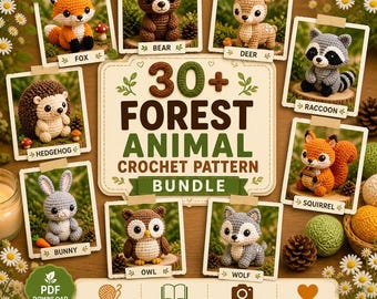 30+ bosvrienden haakpatroonbundel, bosamigurumi-dieren, eenvoudige haakboerderij voor beginners, wilde dieren cadeau voor kinderen en verzamelaars