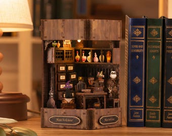 Wizard Book Nook Kit, Miniature Dollhouse DIY Wooden Puzzle, Witch Study Shelf Insert