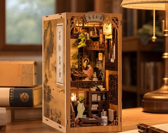Chinese Book Nook Kit DIY Wooden Miniature Bookshelf Insert Ancient Library Scene LED