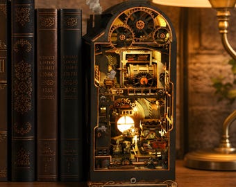 Steampunk Book Nook Insert LED Industrial Factory Shelf Decor 3D Miniature Scene
