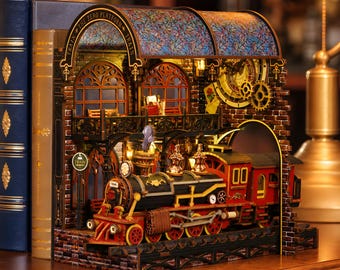 3D Wooden Train Station Model Kit, Steampunk Miniature Diorama with LED Lights