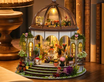 Miniature Greenhouse Dollhouse Kit with LED Lights, DIY Flower Garden Diorama, Adult Craft Kit