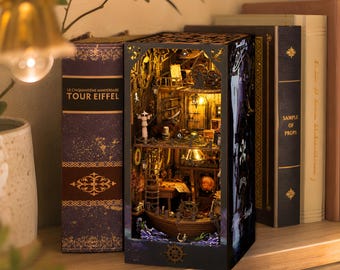 Pirate Ship Book Nook Kit DIY Wooden Miniature Bookshelf Insert LED Lights Fantasy Decor Gift