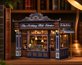 Notting Hill Bookshop Miniature DIY Kit, Victorian Dollhouse Book Nook, Lit Wooden Model