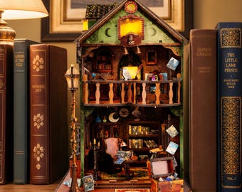 Magic Bookshop Miniature House Kit 3D Wooden Puzzle DIY Dollhouse Witch Library LED