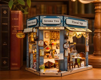 DIY Miniature Tea Shop Kit with LED Lights, Wooden Dollhouse Furniture Craft