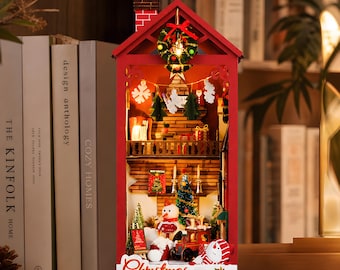Christmas Miniature Book Nook DIY Dollhouse Kit with LED Lights, Wooden Shelf Insert Decor