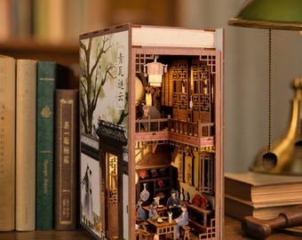 Book Nook Insert Chinese Tea House Miniature Shelf Decor Ancient Bookshelf Diorama Wooden Kit