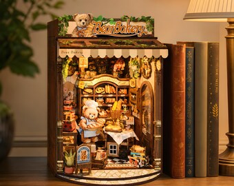 Bear Bakery Miniature Dollhouse Kit DIY Wooden Book Nook 3D Puzzle Cozy Craft Gift for Adults