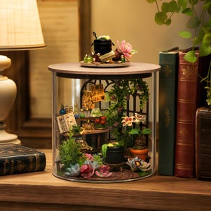 May include: A cylindrical glass display case containing a miniature diorama of a botanical workshop. The scene features a black cauldron, small glass potion bottles, an open book, potted plants, flowers, and a dark arched window frame.