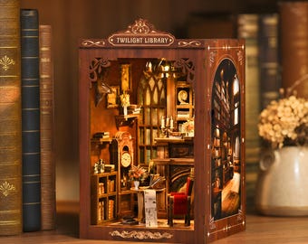 Twilight Library Book Nook Kit DIY Miniature Bookshelf Insert Wooden Dollhouse Cozy Reading Room