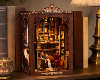 Book Nook Insert Twilight Library DIY Miniature Dollhouse Kit LED Wooden Shelf Decor Bookshelf