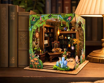 Wizard Library Book Nook Kit, Magical Miniature Bookshelf Insert, 3D Wooden Dollhouse Diorama