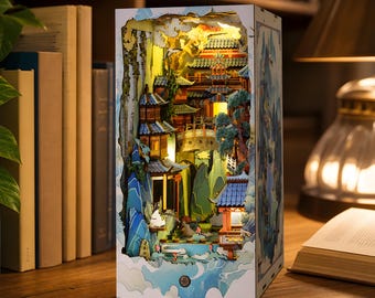 Chinese Book Nook Kit 3D Wooden Puzzle Shelf Insert Ancient Palace Diorama LED Miniature