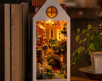 Book Nook Bruges Ancient City DIY Miniature Bookshelf Insert Wooden Dollhouse LED Light Decor