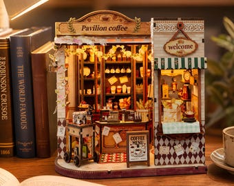 Miniature Coffee Shop Kit DIY Dollhouse Pavilion Coffee Wooden 3D Puzzle with LED Lights