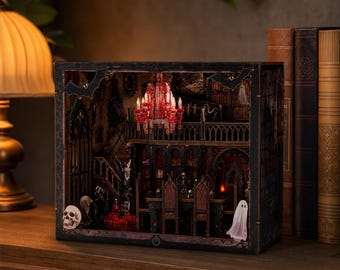 Gothic Haunted Mansion Book Nook Kit, Halloween Miniature Dollhouse 3D Puzzle with LED Lights