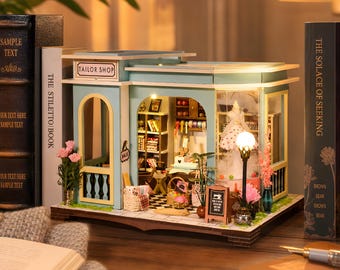 DIY Miniature Tailor Shop Dollhouse Kit with LED Lights – Laser-Cut Wood Sewing Room Diorama