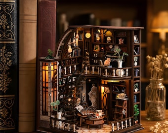 Miniature Library Dollhouse Kit DIY Bookshelf Diorama with LED Lights Adult Craft