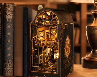 Steampunk Book Nook Kit 3D Mechanical Rhythm DIY Miniature Shelf Insert with LED Lights