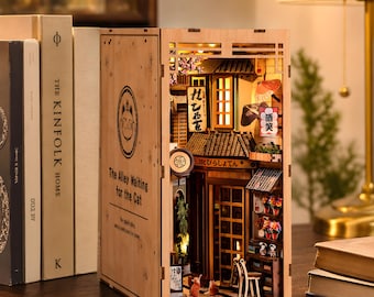Book Nook Kit Japanese Alley DIY Miniature Bookshelf Insert Cat Sakura Wooden