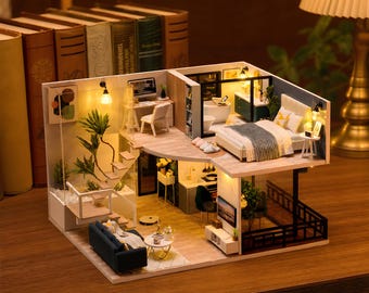 DIY Miniature Dollhouse Kit Loft Apartment LED Lights Wooden Furniture Craft Adult Gift