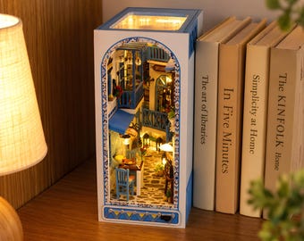 Book Nook Insert Greek Island Miniature Diorama, Santorini Dollhouse Bookshelf Decor LED Lights