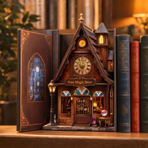 May include: A miniature wooden Time Magic Store model with a clock tower, clock face, and street lamp, nestled between antique books. The store features a detailed facade with stained glass windows and a sign that reads "Time Magic Store".