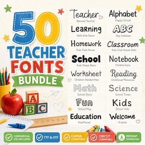 May include: A digital font bundle display featuring the text 50 Teacher Fonts Bundle, a red apple, wooden alphabet blocks, colored pencils, and a ruler. The image showcases various font styles with labels like Teacher, Learning, and Alphabet.
