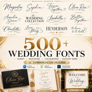 May include: A digital design product showcasing 500+ wedding fonts in various styles, including script, signature, calligraphy, and elegant serif. The image displays font examples and includes logos, invitations, and welcome signs. Commercial use is included.