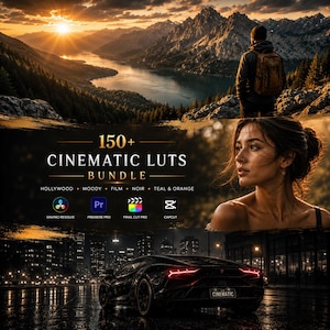Op de afbeelding: Afbeelding die een cinematic LUTs-bundel promoot. De afbeelding toont een landschap, een vrouw en een zwarte sportwagen. Tekst luidt "150+ CINEMATIC LUTS BUNDLE" met softwarelogo's voor DaVinci Resolve, Premiere Pro, Final Cut Pro en CapCut.