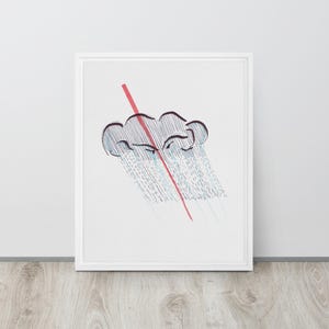 May include: Framed art print featuring a whimsical illustration of a cloud with rain and a diagonal red line. The cloud is outlined in black, with blue and gray shading. The rain is depicted with vertical blue lines.