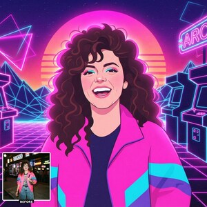 May include: A digital illustration of a person with voluminous dark curly hair wearing a bright pink jacket with teal and purple accents over a dark shirt. The background features a neon-lit arcade setting with a large glowing sun and geometric shapes.