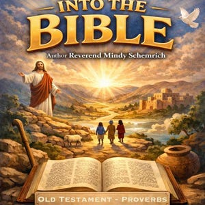 May include: A book cover for "Into The Bible" by Reverend Mindy Schemrich. The cover features a golden title, a dove, and a depiction of Jesus. An open book with the text "Old Testament - Proverbs" is in the foreground.