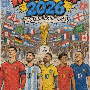 May include: A colorful illustration for a World Cup 2026 coloring book. The image features the text "WORLD CUP 2026" and "COLOURING IN BOOK". It also shows the FIFA World Cup trophy and several soccer players in their team jerseys.