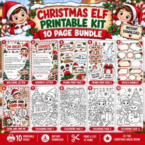 Jultomten på hyllan utskrivbart kit, 10-sidigt paket med tomtebokstäver, rekvisita, pratbubblor och målarbilder